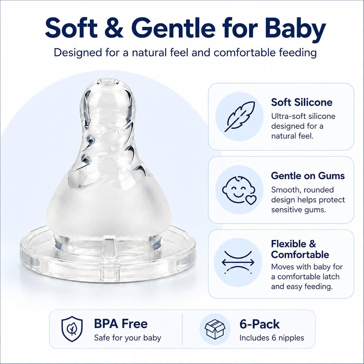 Nipple for Dr. Brown’s Level 1 Narrow Baby Bottle, Medium Flow,3m+,6 Pack