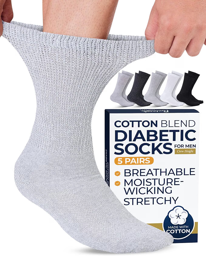 Pembrook® Diabetic Socks for Men, Crew Non-Binding and Loose Fit - 5 Pairs