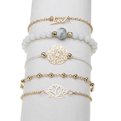 Arcoris White Marble Filigree Pendant & Love 5 Piece Bracelet Set